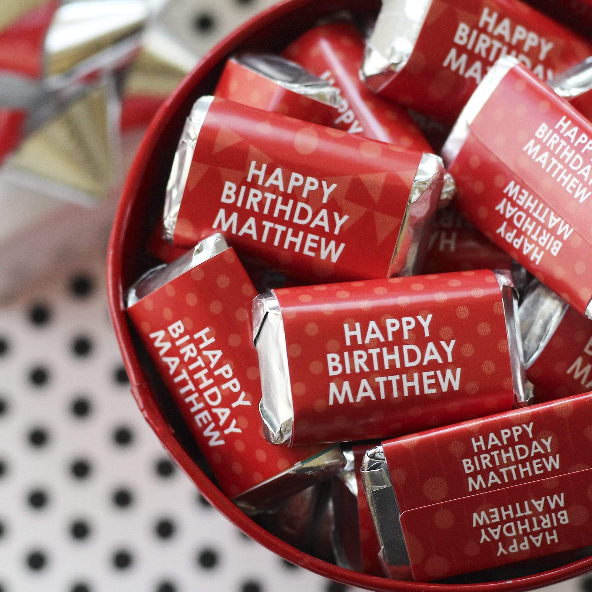 Red Personalized Happy Birthday Party Mini Candy Bar Wrappers with Name - 45 Stickers